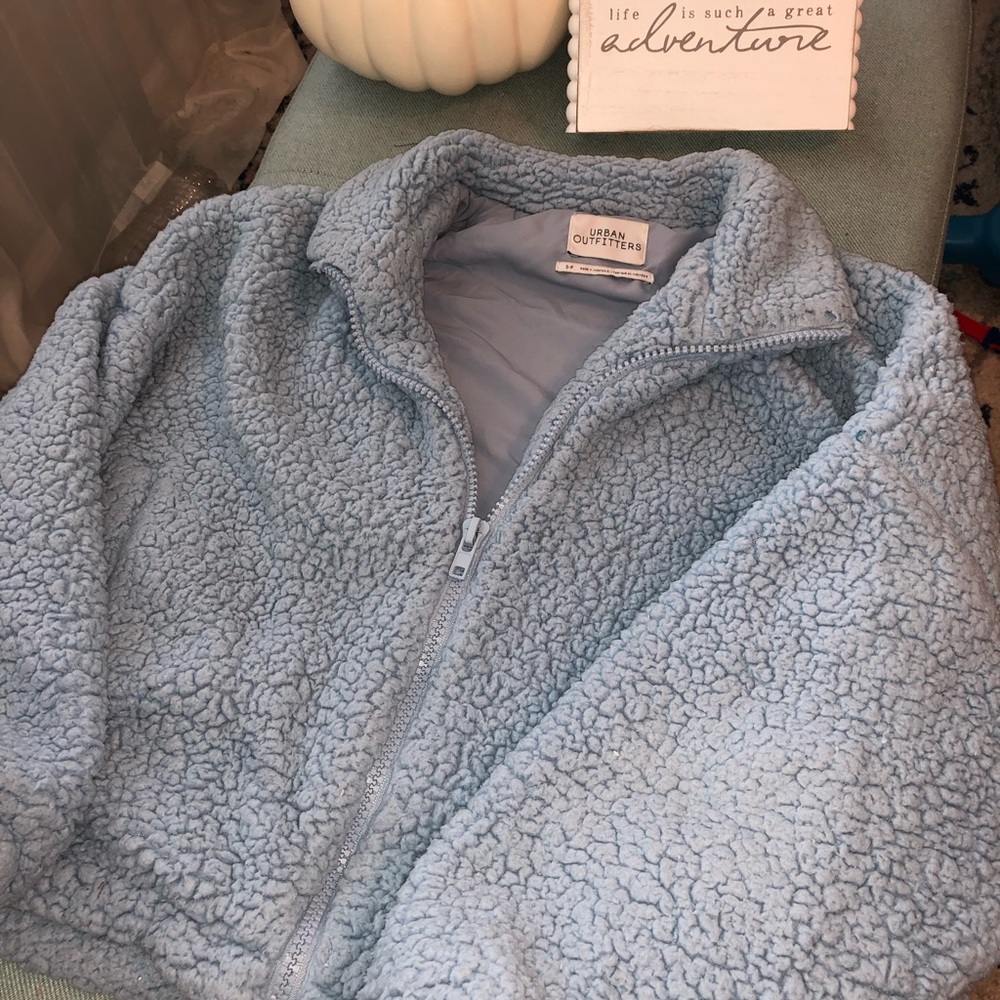 UO light blue cropped teddy zip up jacket